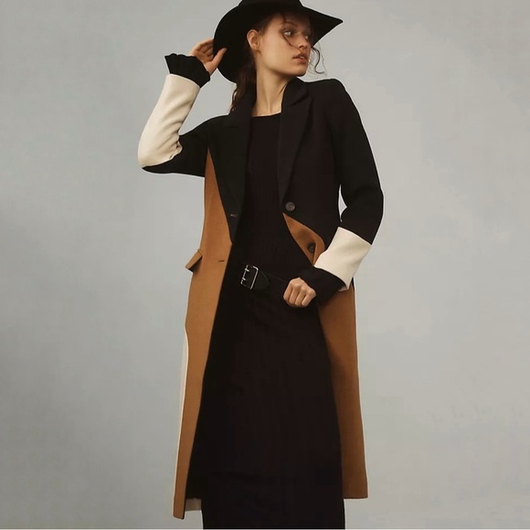 Anthropologie Avec Les Filles Wavy Colorblock Coat Calico Black Tan Cream XXS - Picture 3 of 16